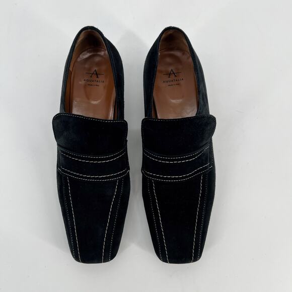 Aquatalia Carmeline Loafer Womens 10 Black Suede Leather Heeled Square Toe Italy - Picture 3 of 9